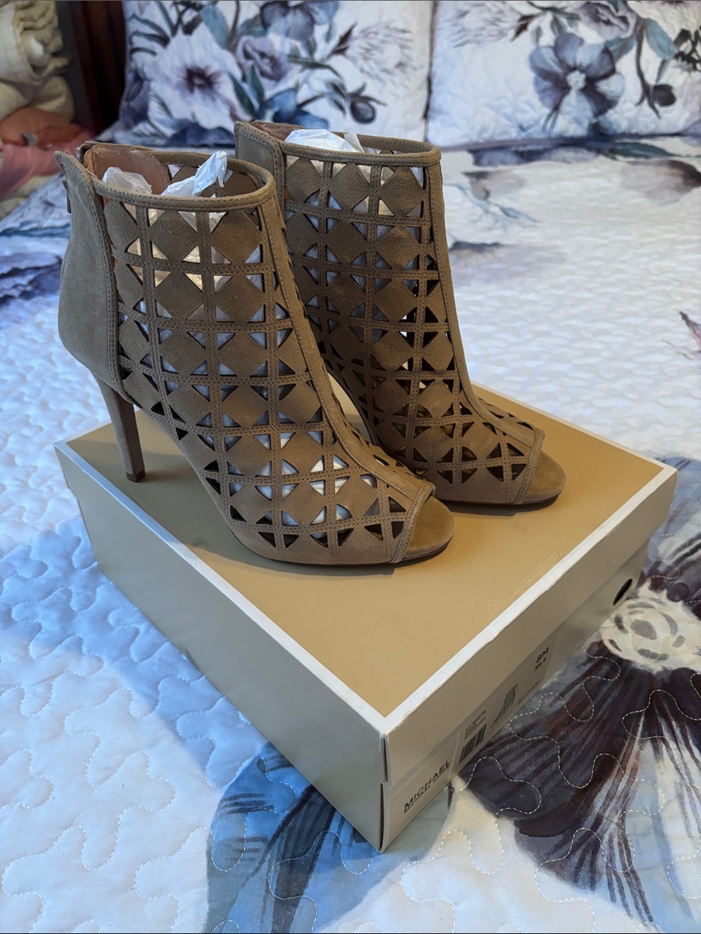 Michael Kors Women’s Ivy Taupe Cutout Peep-Toe High Heel Booties Suede